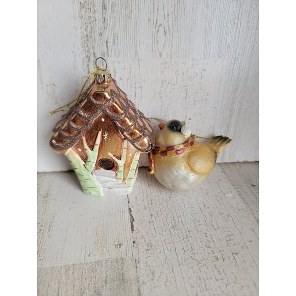 Bird house AS IS forest snow ornament Xmas set unique - Picture 2 of 8